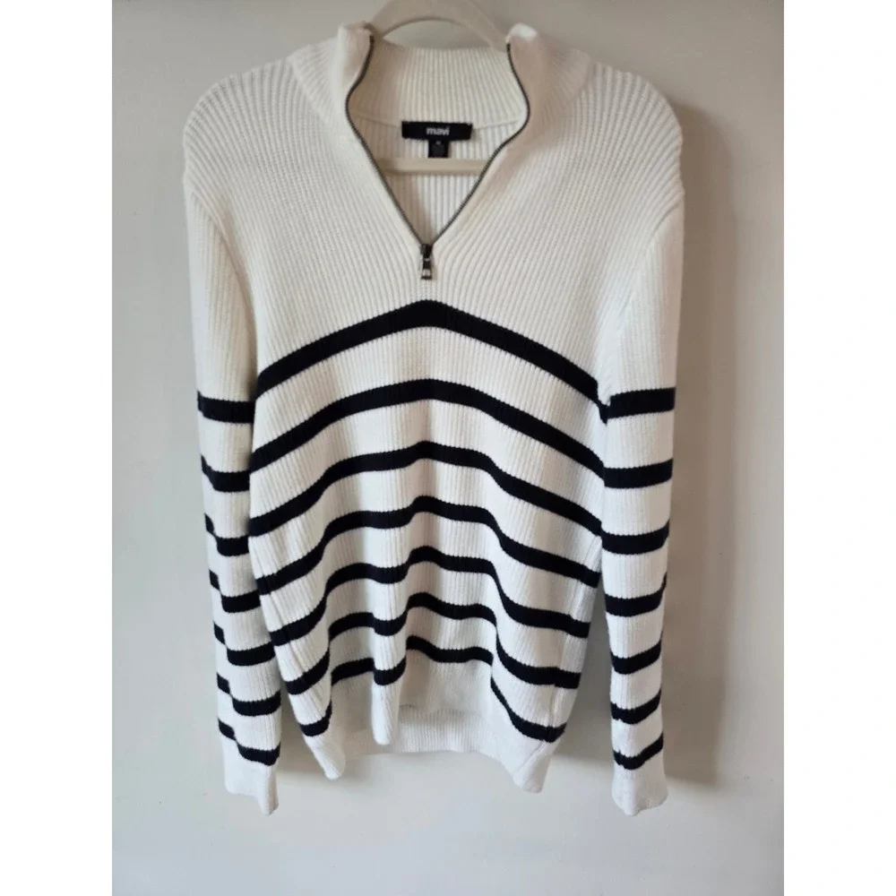 Mavi Mens White Navy Blue Striped Ribbed Quarter Zip Sweater Size M